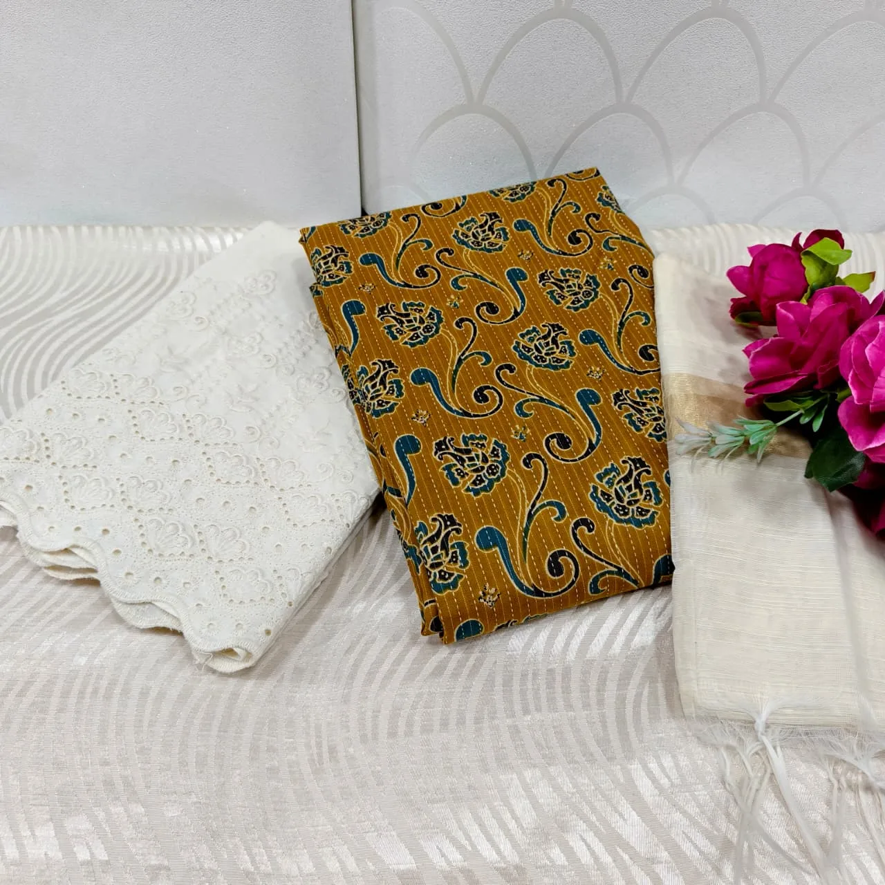 Jaipur Katha Print Cotton Dress Material with Cotton Chickon Palazzo & Mal Chanderi Dupatta - Design 10