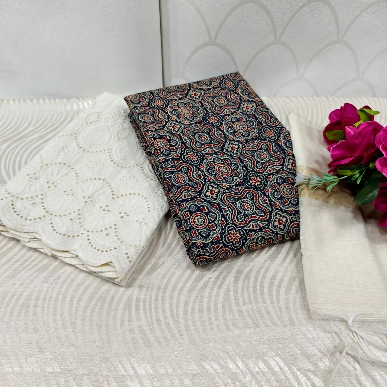 Jaipur Katha Print Cotton Dress Material with Cotton Chickon Palazzo & Mal Chanderi Dupatta - Design 11