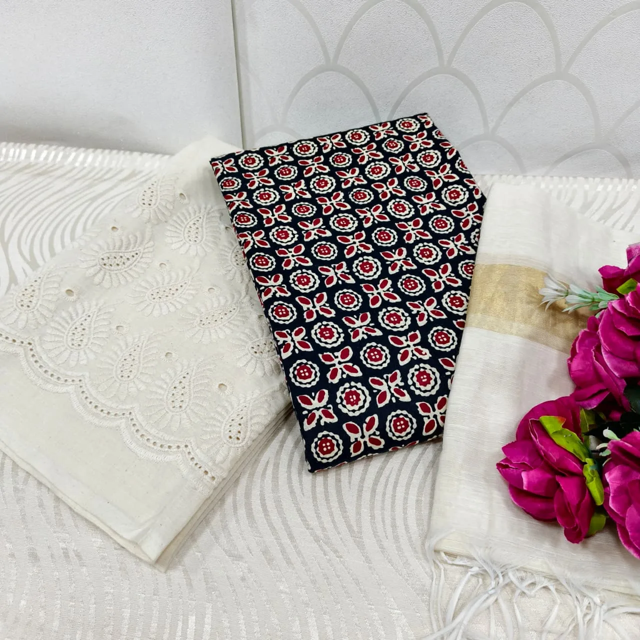 Jaipur Katha Print Cotton Dress Material with Cotton Chickon Palazzo & Mal Chanderi Dupatta - Design 12