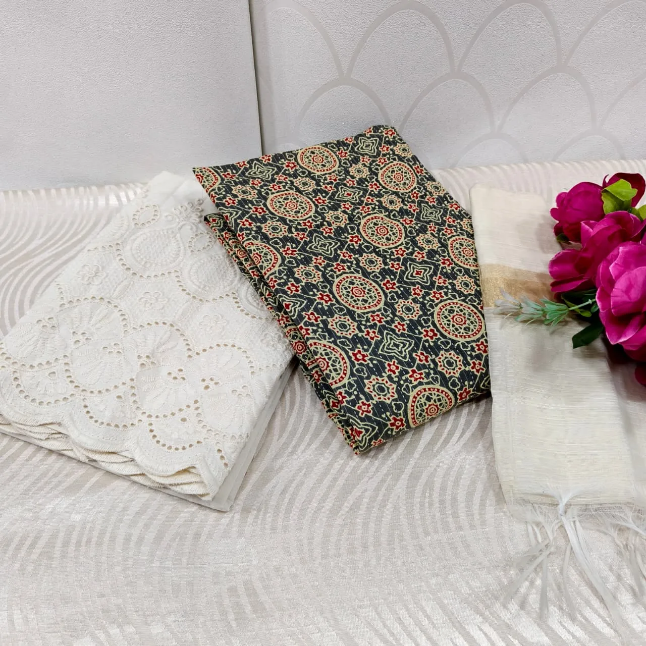 Jaipur Katha Print Cotton Dress Material with Cotton Chickon Palazzo & Mal Chanderi Dupatta - Design 13