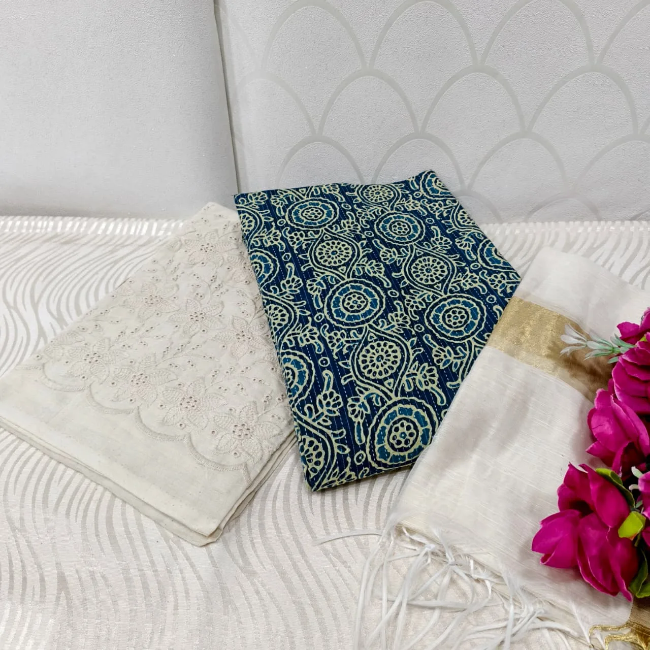 Jaipur Katha Print Cotton Dress Material with Cotton Chickon Palazzo & Mal Chanderi Dupatta - Design 14