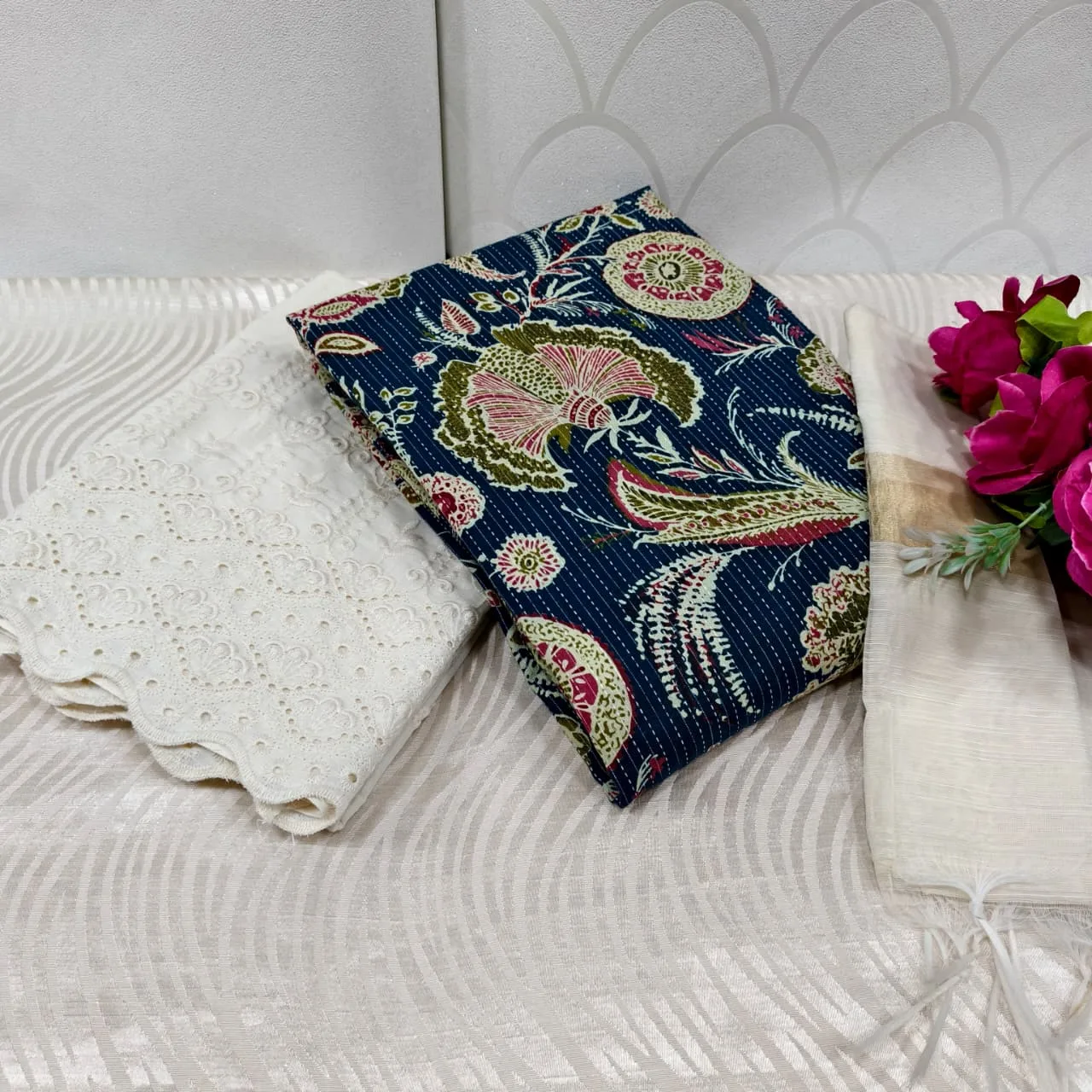 Jaipur Katha Print Cotton Dress Material with Cotton Chickon Palazzo & Mal Chanderi Dupatta - Design 15