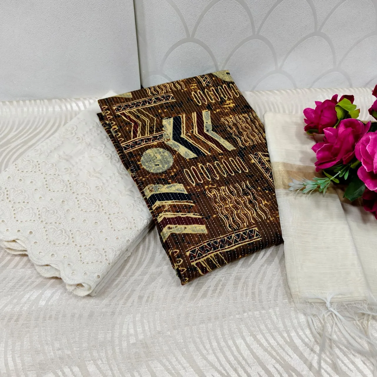 Jaipur Katha Print Cotton Dress Material with Cotton Chickon Palazzo & Mal Chanderi Dupatta - Design 16
