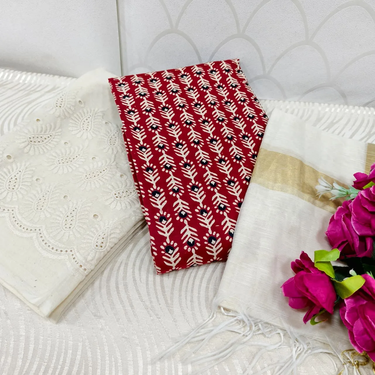 Jaipur Katha Print Cotton Dress Material with Cotton Chickon Palazzo & Mal Chanderi Dupatta - Design 17