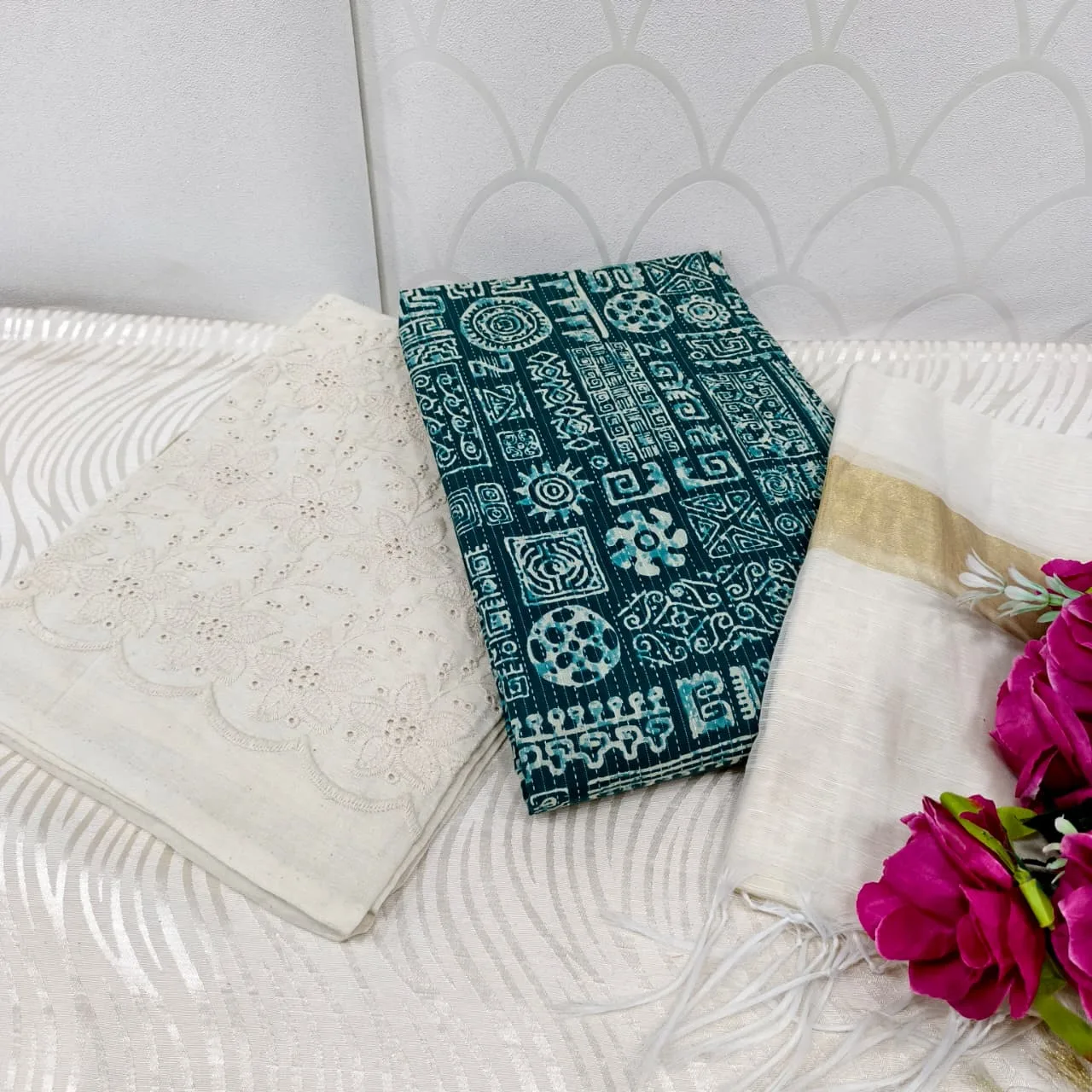 Jaipur Katha Print Cotton Dress Material with Cotton Chickon Palazzo & Mal Chanderi Dupatta - Design 18