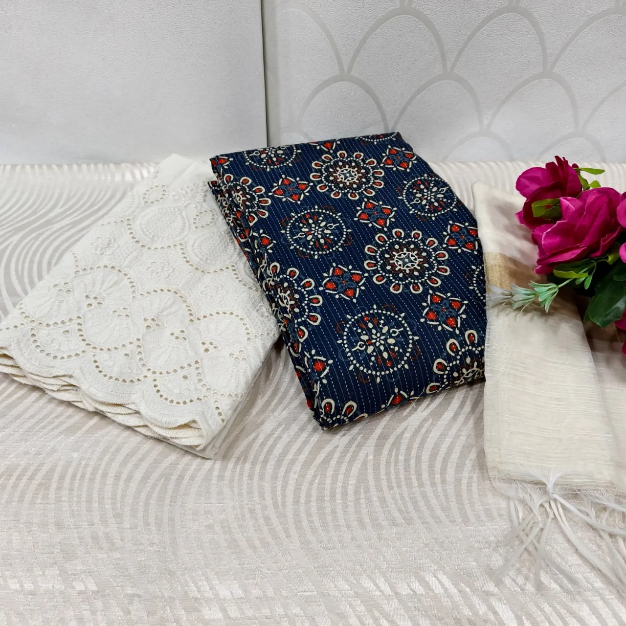 Jaipur Katha Print Cotton Dress Material with Cotton Chickon Palazzo & Mal Chanderi Dupatta - Design 19