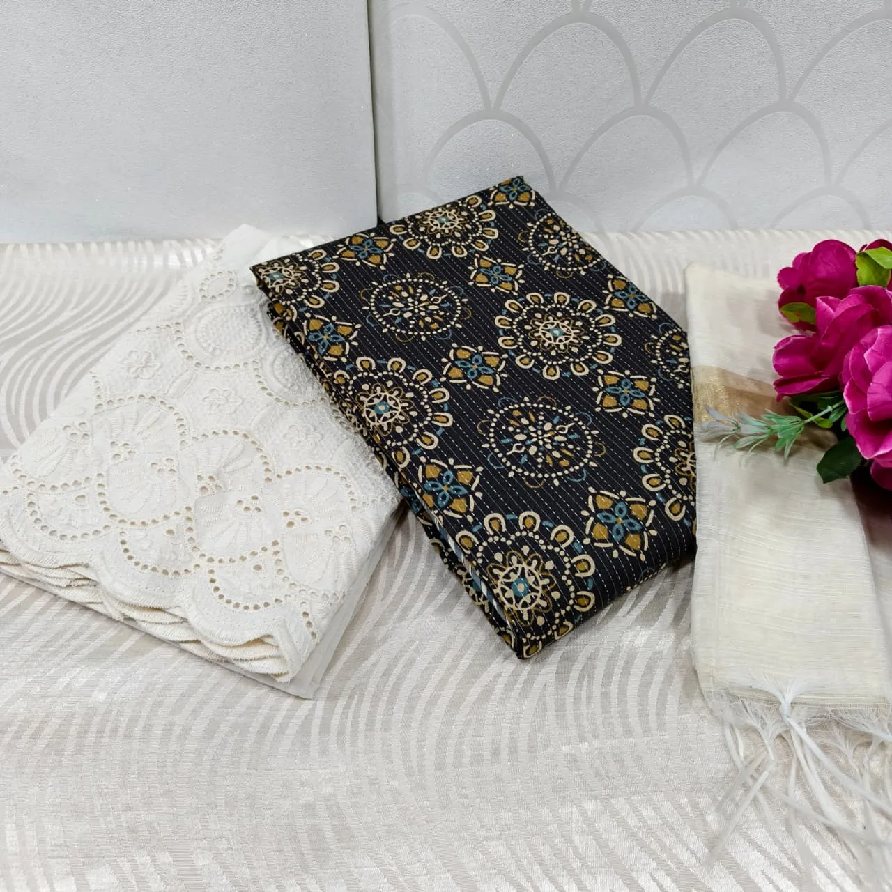Jaipur Katha Print Cotton Dress Material with Cotton Chickon Palazzo & Mal Chanderi Dupatta - Design 20