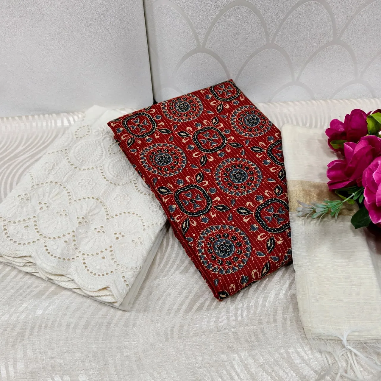 Jaipur Katha Print Cotton Dress Material with Cotton Chickon Palazzo & Mal Chanderi Dupatta - Design 21