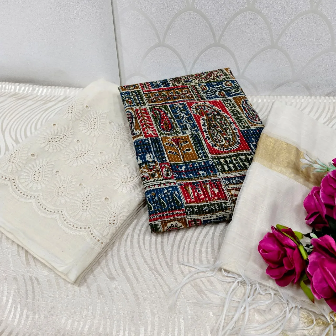 Jaipur Katha Print Cotton Dress Material with Cotton Chickon Palazzo & Mal Chanderi Dupatta - Design 22