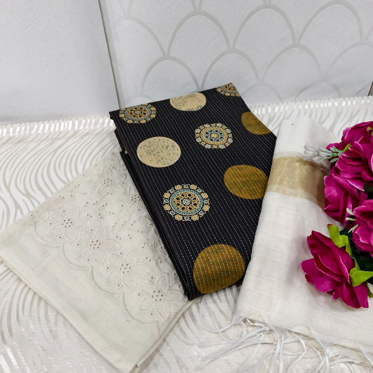 Jaipur Katha Print Cotton Dress Material with Cotton Chickon Palazzo & Mal Chanderi Dupatta - Design 24