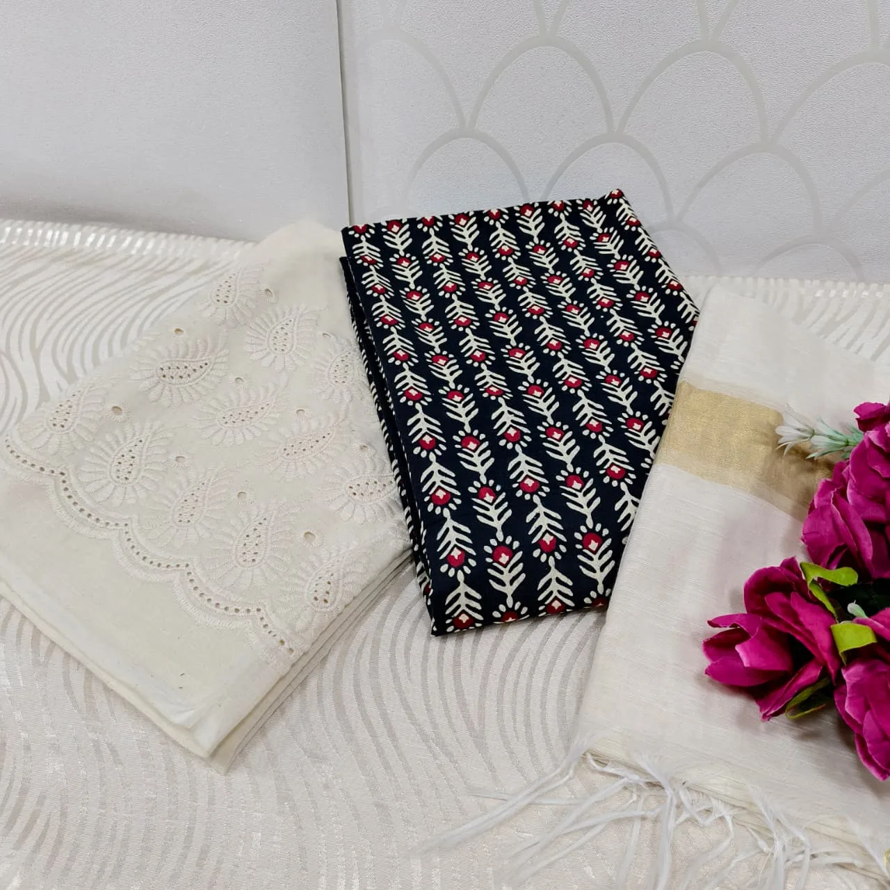 Jaipur Katha Print Cotton Dress Material with Cotton Chickon Palazzo & Mal Chanderi Dupatta - Design 25