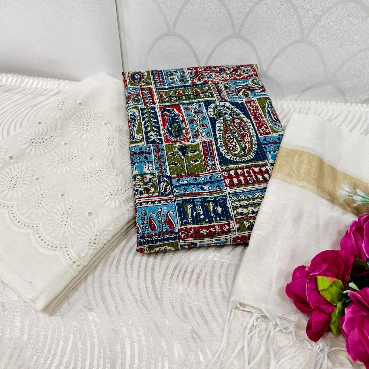 Jaipur Katha Print Cotton Dress Material with Cotton Chickon Palazzo & Mal Chanderi Dupatta - Design 26