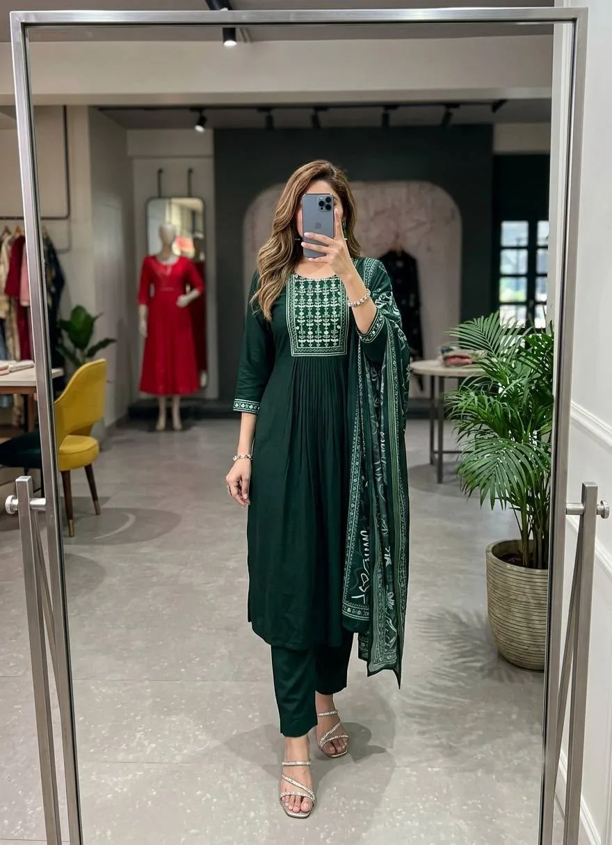 Premium Bamboo Cotton Embroidered Kurta Set with Organza Dupatta