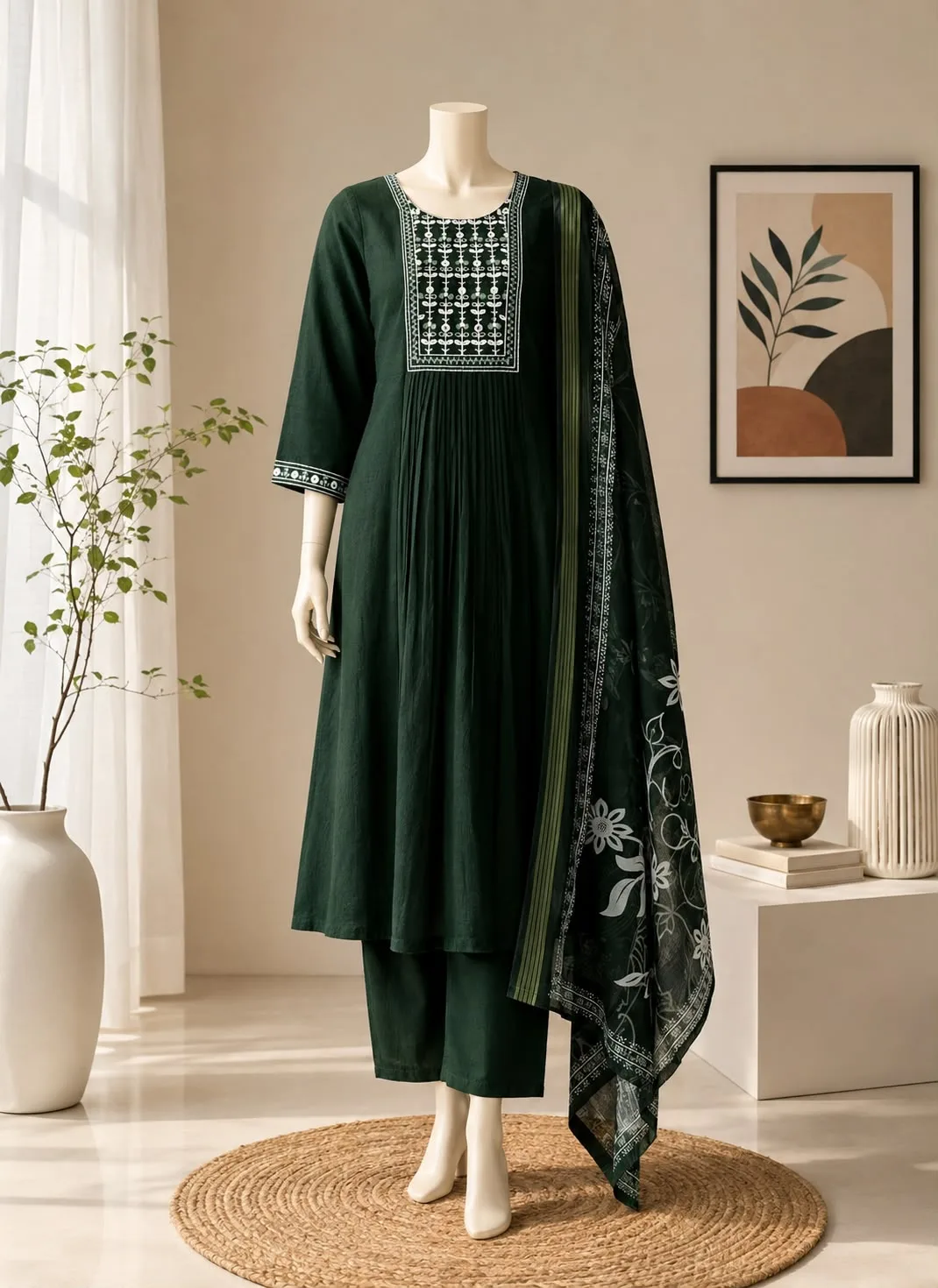 Premium Bamboo Cotton Embroidered Kurta Set with Organza Dupatta - Green