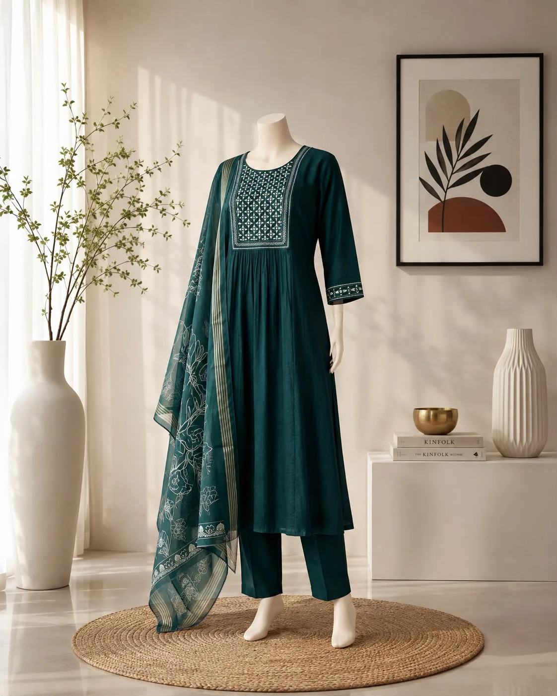 Premium Bamboo Cotton Embroidered Kurta Set with Organza Dupatta - Green