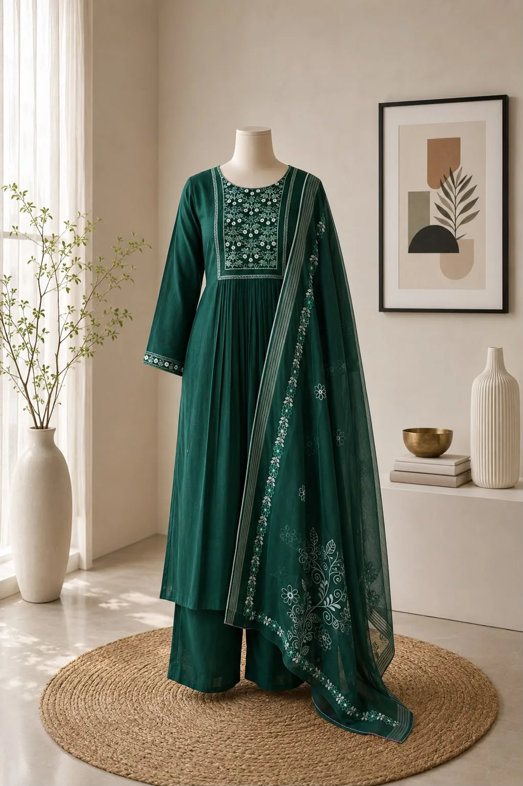 Premium Bamboo Cotton Embroidered Kurta Set with Organza Dupatta - Green