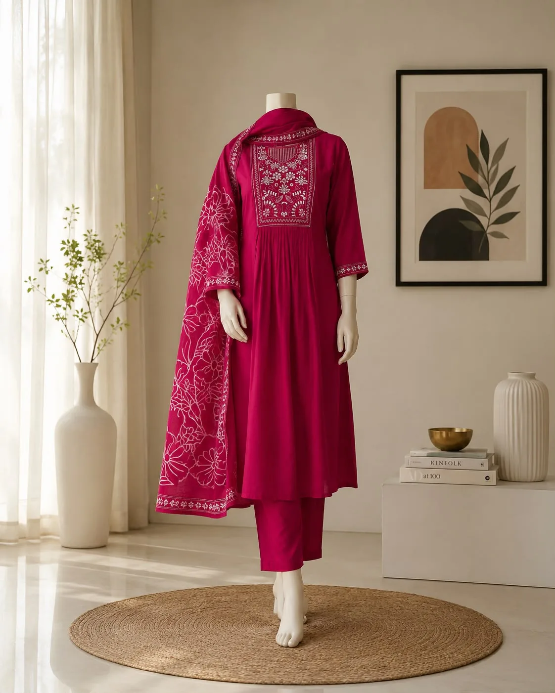 Premium Bamboo Cotton Embroidered Kurta Set with Organza Dupatta - Dark Pink