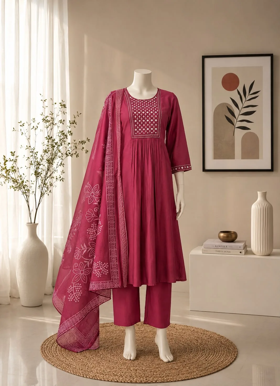Premium Bamboo Cotton Embroidered Kurta Set with Organza Dupatta - Dark Pink