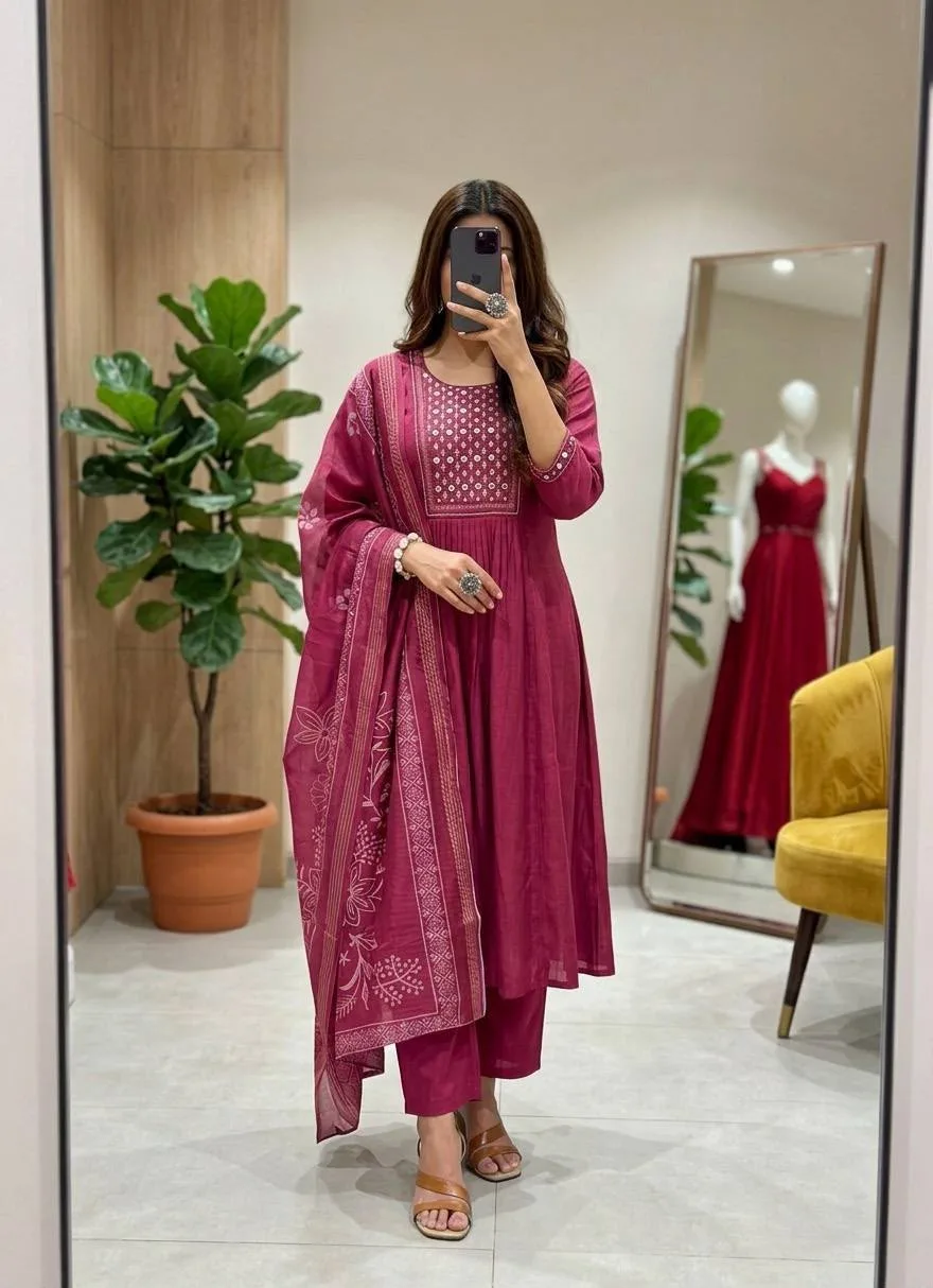 Premium Bamboo Cotton Embroidered Kurta Set with Organza Dupatta - Dark Pink