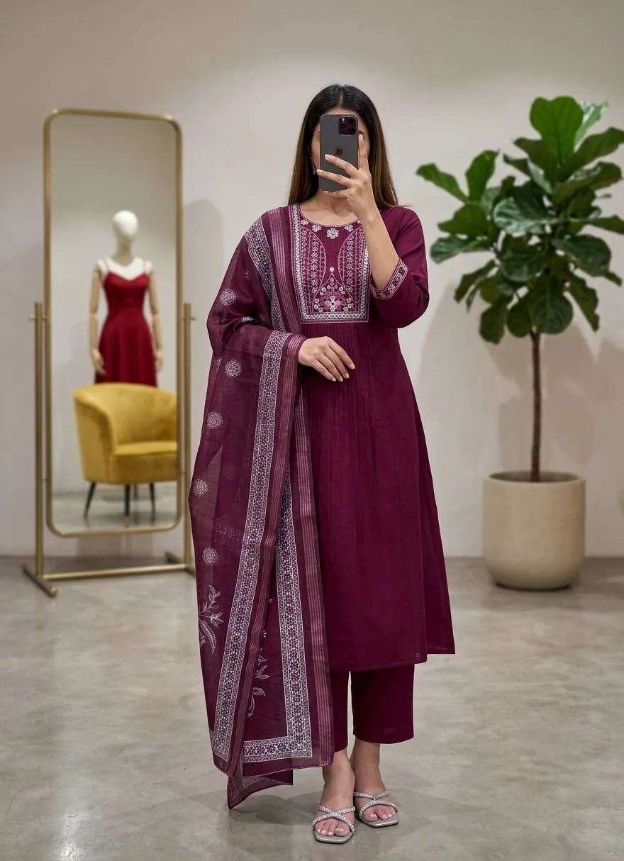 Premium Bamboo Cotton Embroidered Kurta Set with Organza Dupatta - Wine