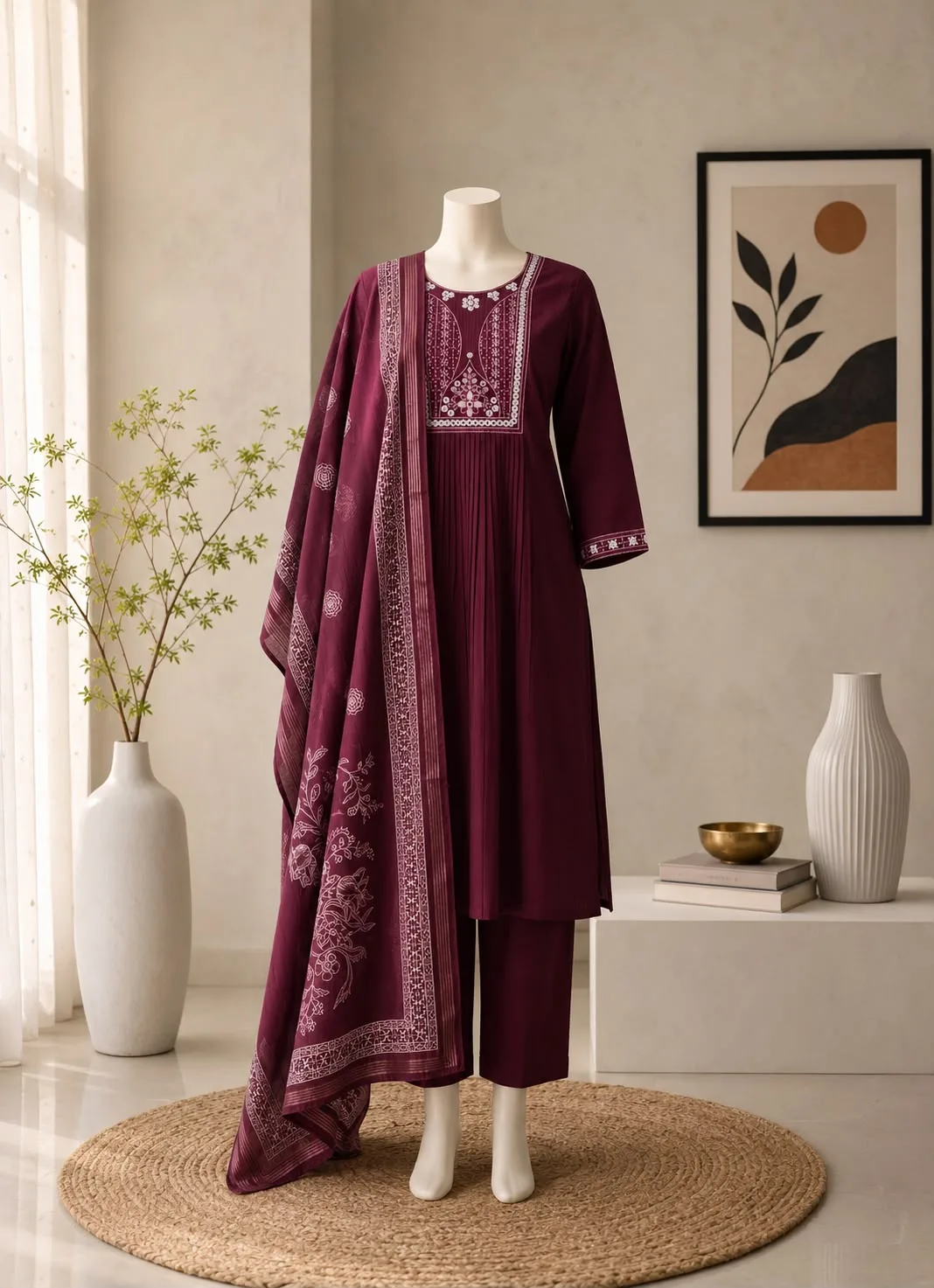Premium Bamboo Cotton Embroidered Kurta Set with Organza Dupatta - Wine