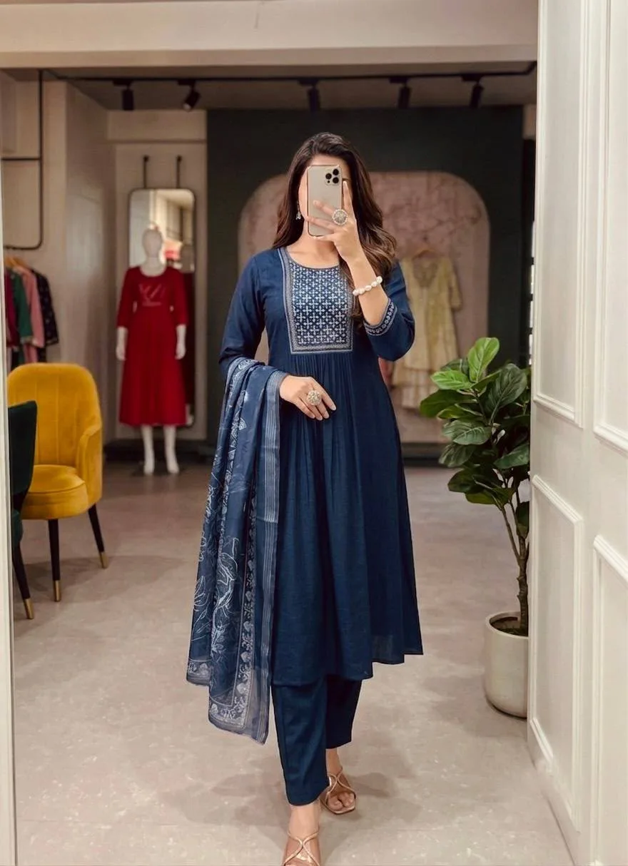 Premium Bamboo Cotton Embroidered Kurta Set with Organza Dupatta - Blue