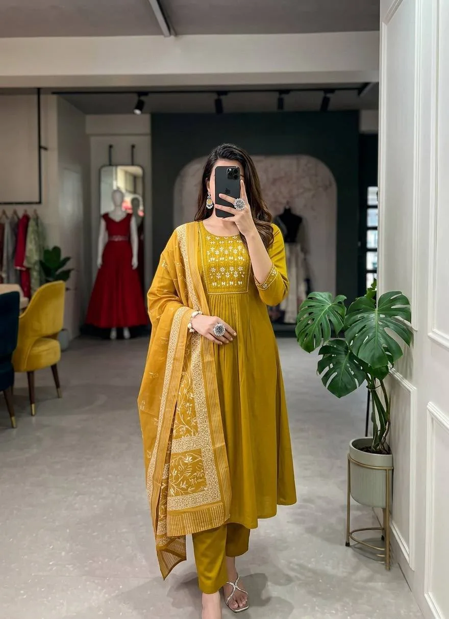 Premium Bamboo Cotton Embroidered Kurta Set with Organza Dupatta - Yellow