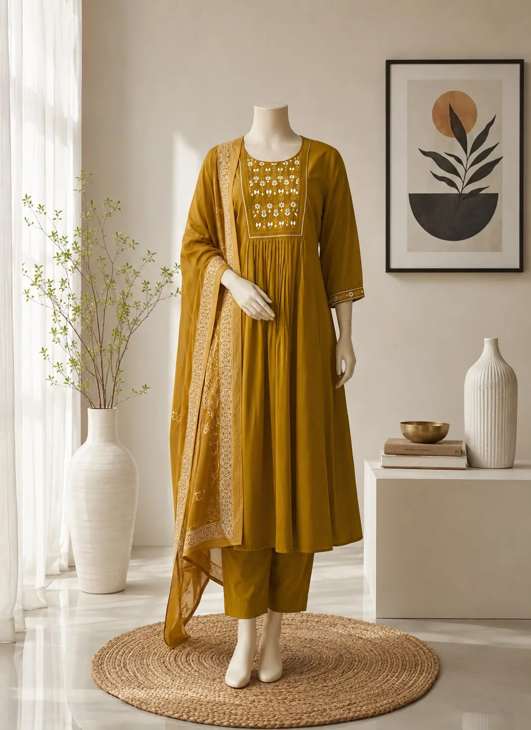 Premium Bamboo Cotton Embroidered Kurta Set with Organza Dupatta - Yellow