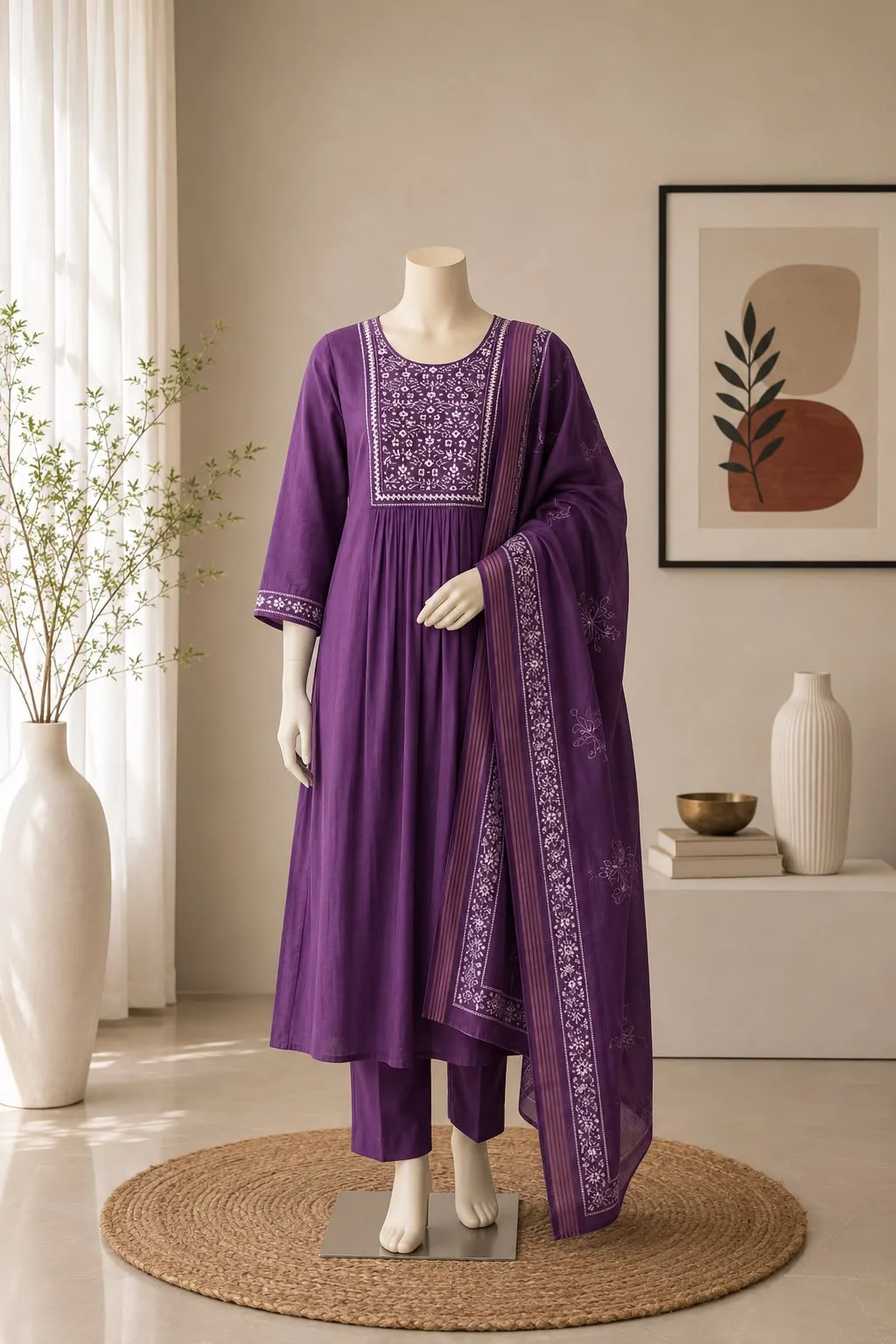 Premium Bamboo Cotton Embroidered Kurta Set with Organza Dupatta - Purple