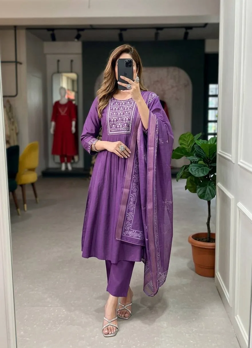 Premium Bamboo Cotton Embroidered Kurta Set with Organza Dupatta - Purple