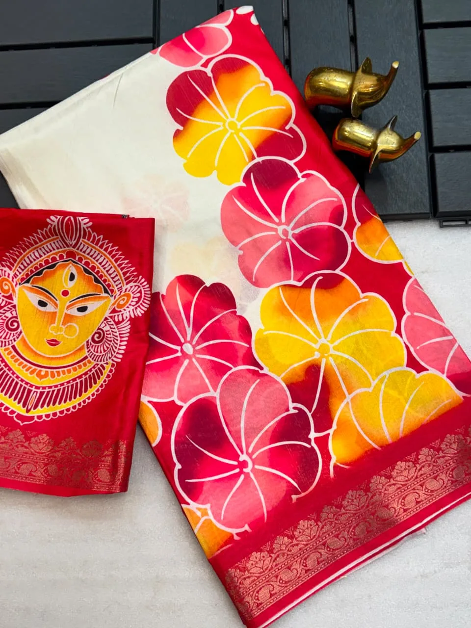 Semi Pure Tussar Silk Weaving Line Saree with All-Over Digital Print - Design 3