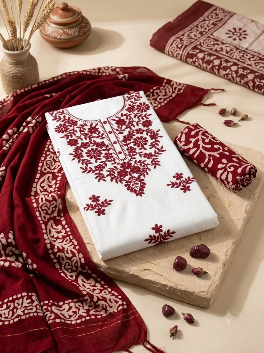 Premium Cotton Resham Work Dress Material with Batik Print