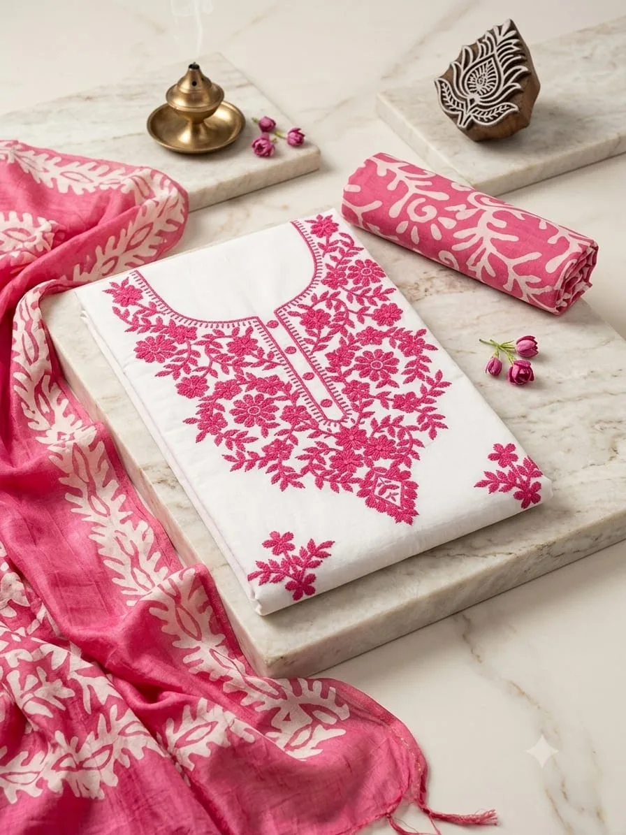 Premium Cotton Resham Work Dress Material with Batik Print - Pink