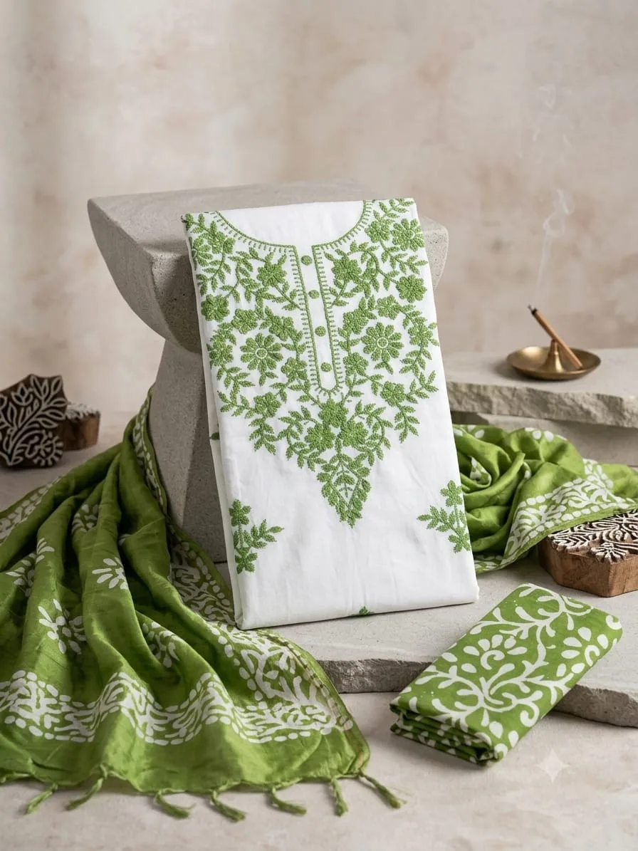 Premium Cotton Resham Work Dress Material with Batik Print - Green