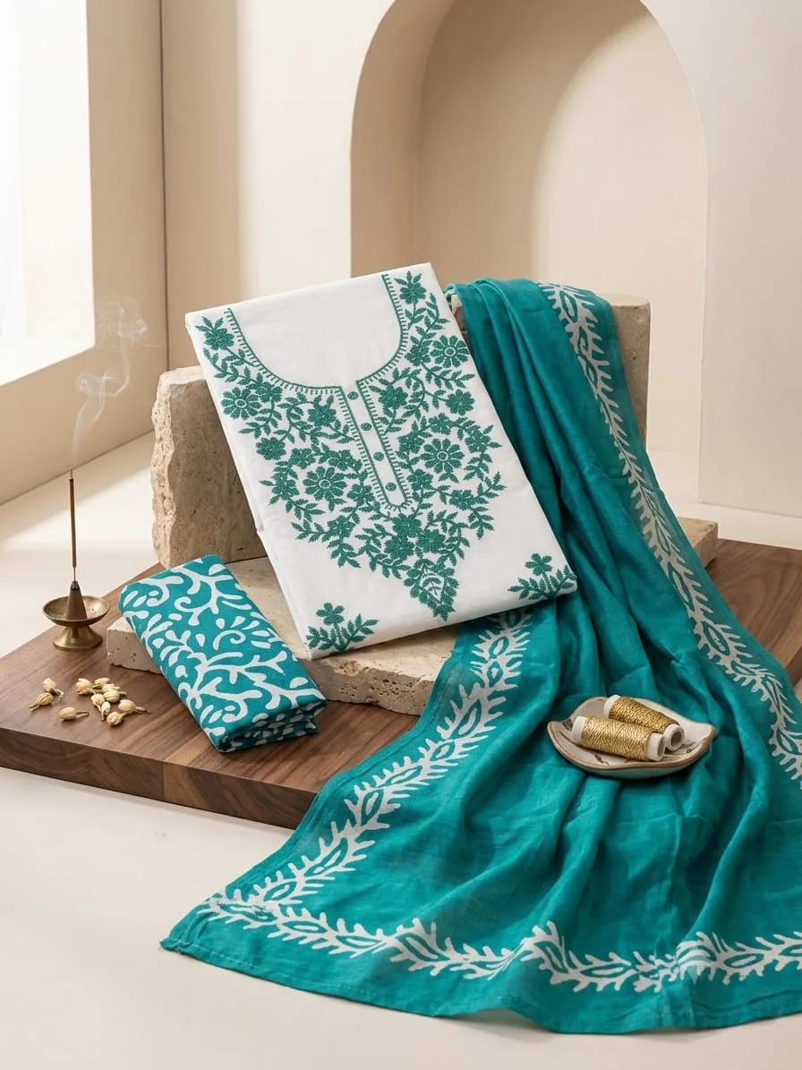 Premium Cotton Resham Work Dress Material with Batik Print - Blue