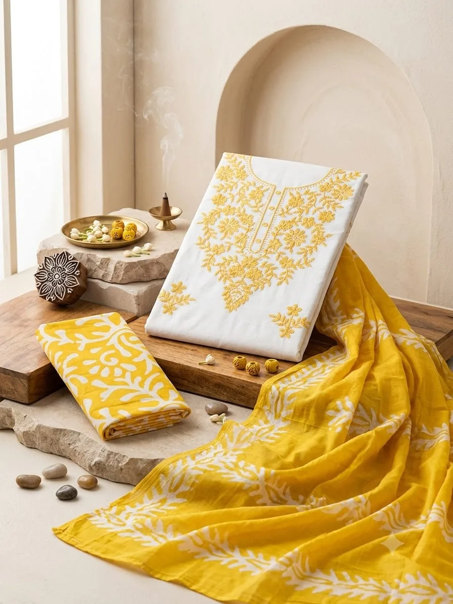 Premium Cotton Resham Work Dress Material with Batik Print - Yellow