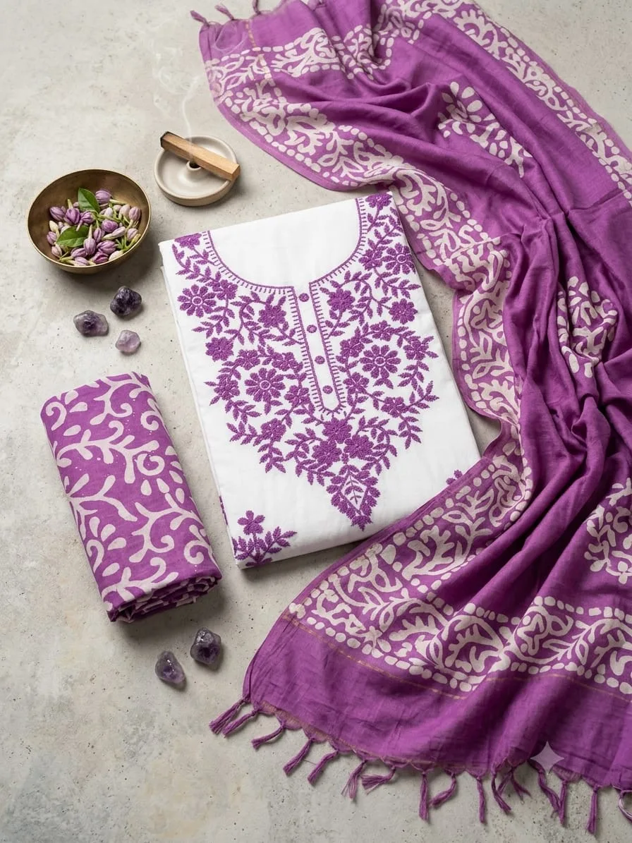 Premium Cotton Resham Work Dress Material with Batik Print - Violete