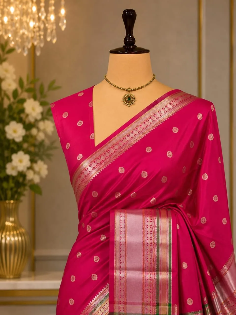 Long Border Premium Banarasi Soft Silk Saree - Dark Pink