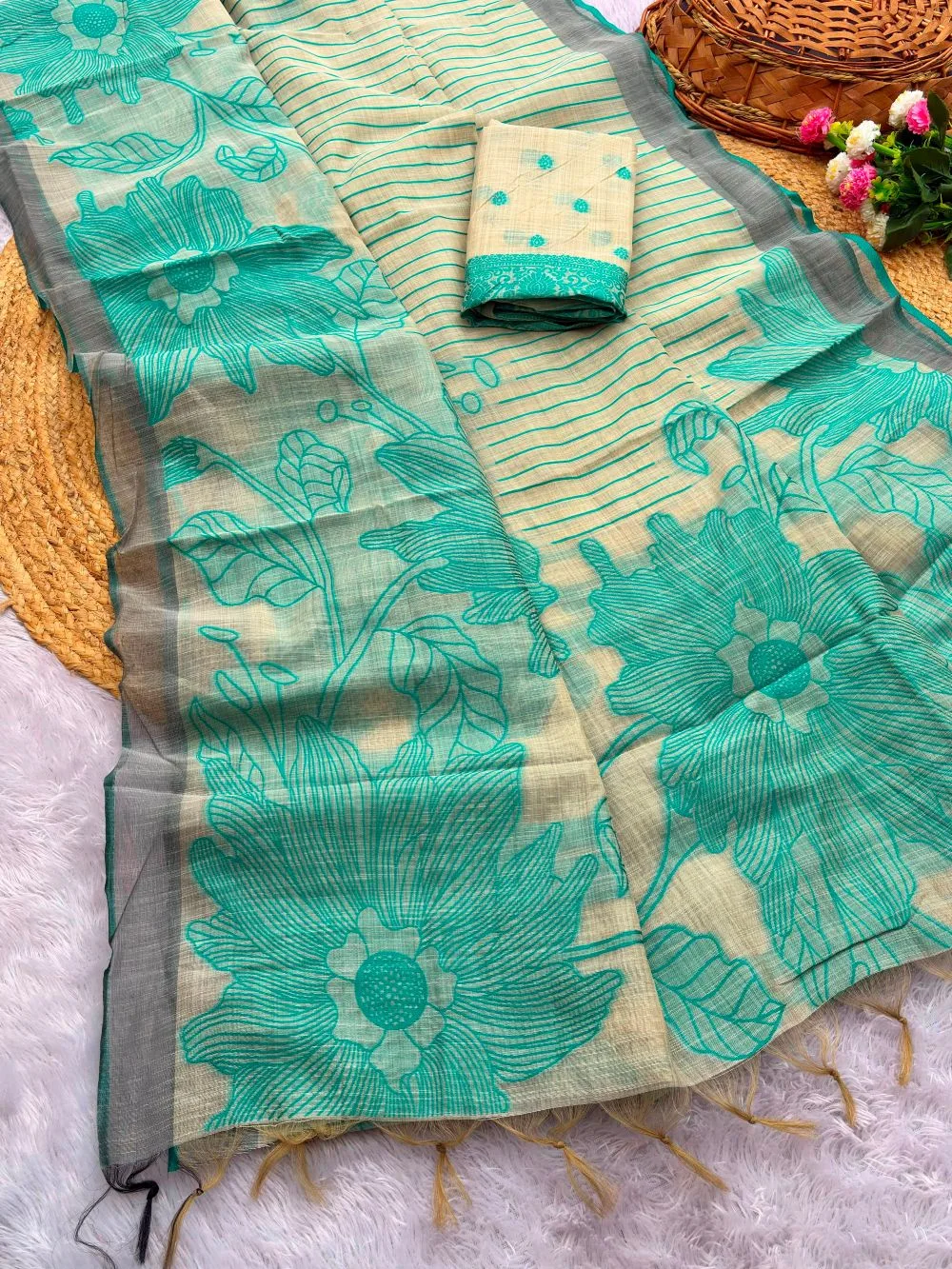 Pure Jamdani Silk Saree - Ocean Green