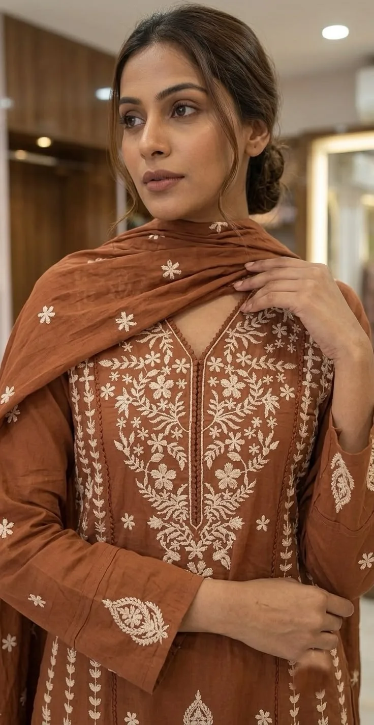 Raksha Bandhan Special Cotton Designer Kurta Set - Rust