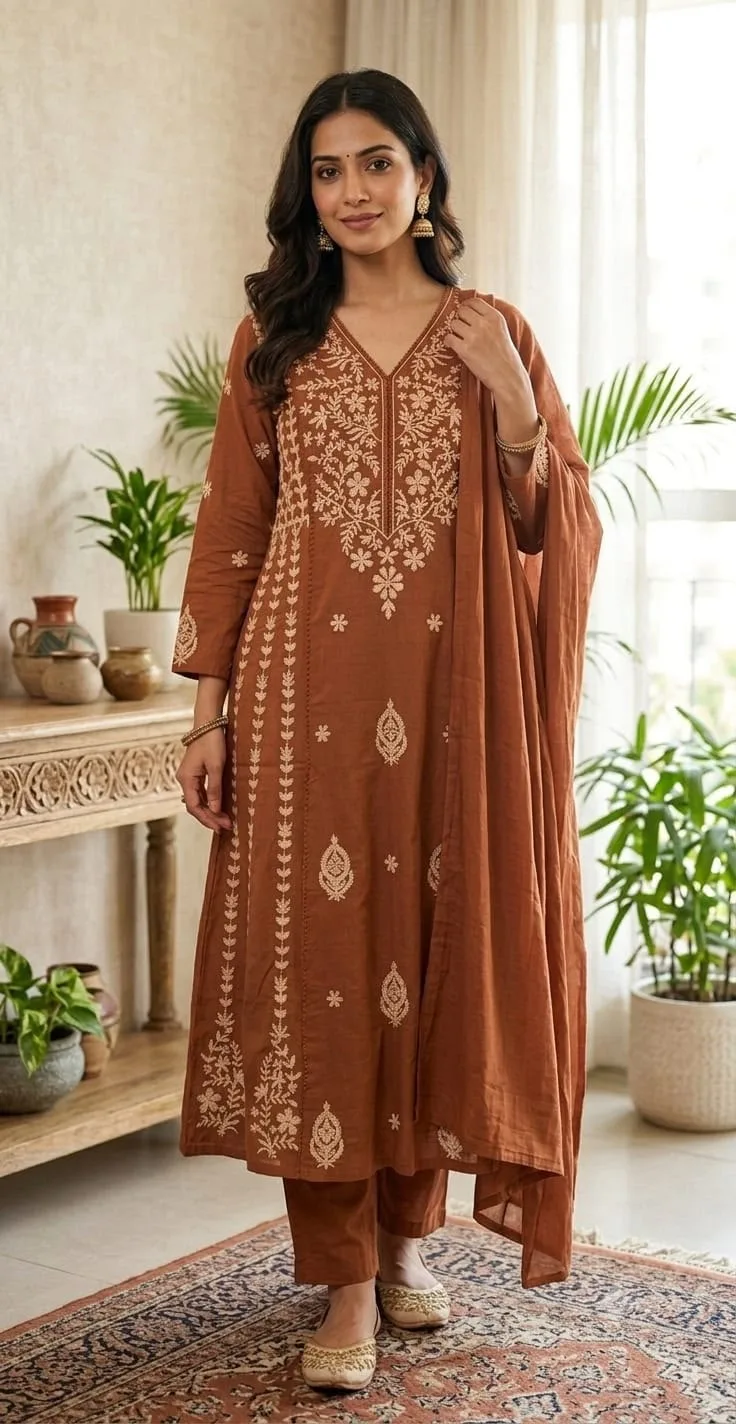 Raksha Bandhan Special Cotton Designer Kurta Set - Rust