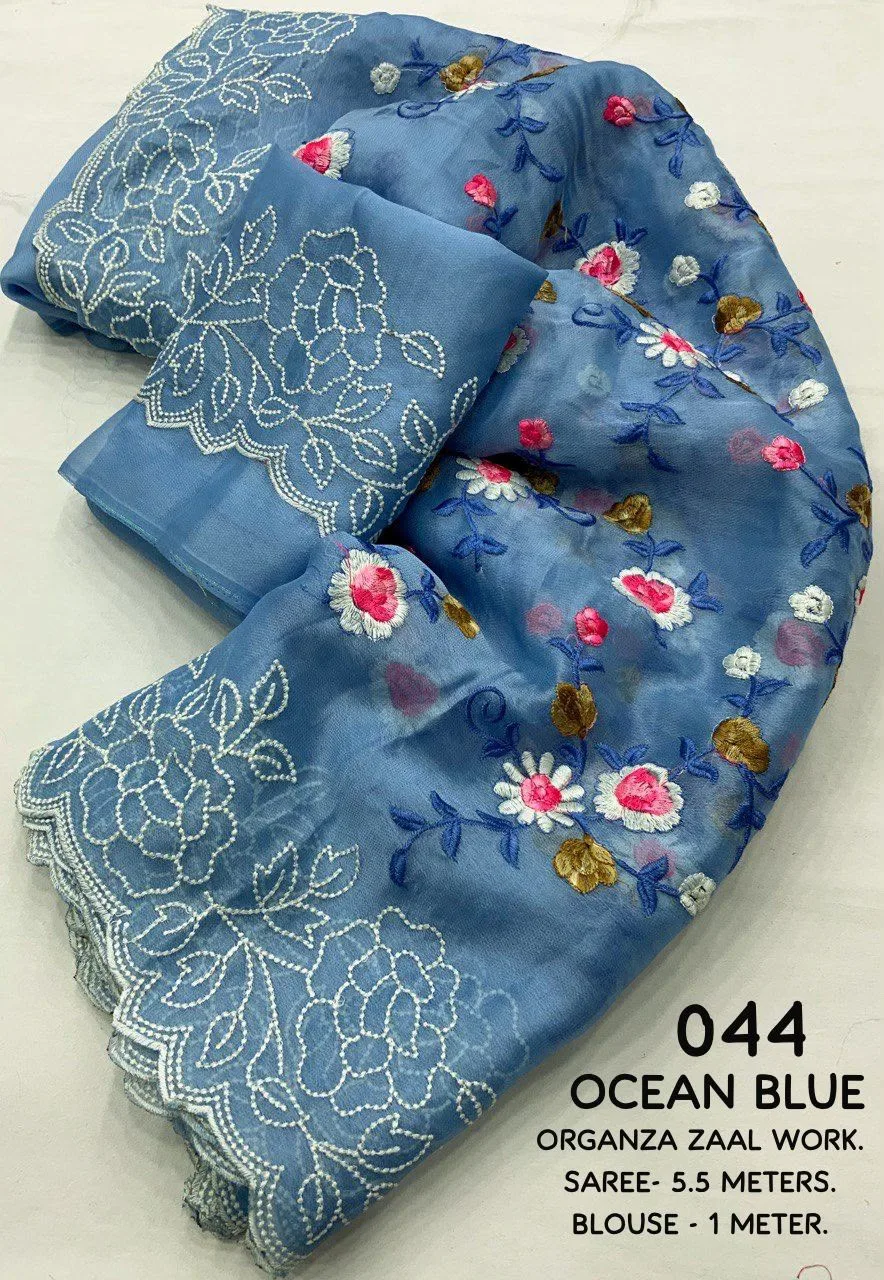 Premium Organza Embroidery Saree - Blue