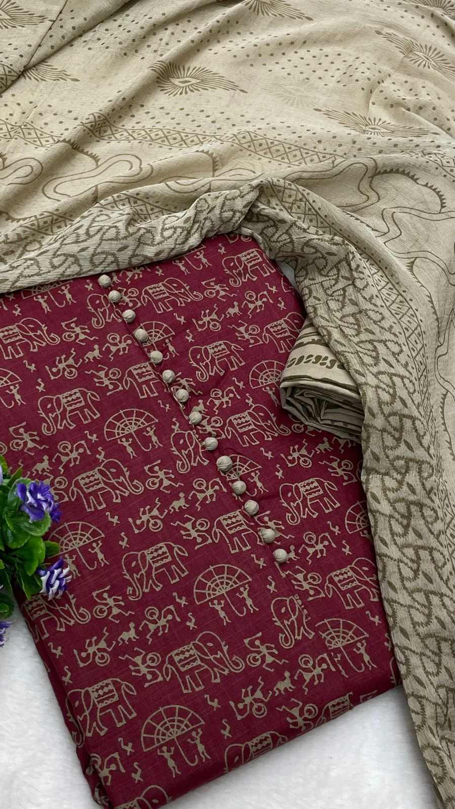 Cotton Printed Neck Patch Work Suit Set