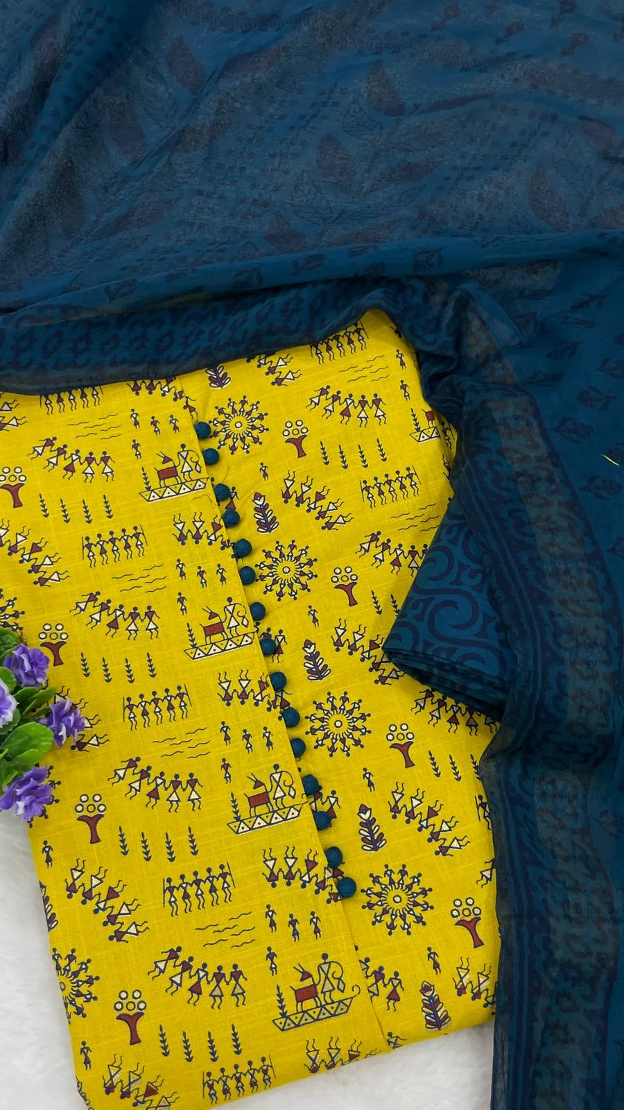 Cotton Printed Neck Patch Work Suit Set - Yellow