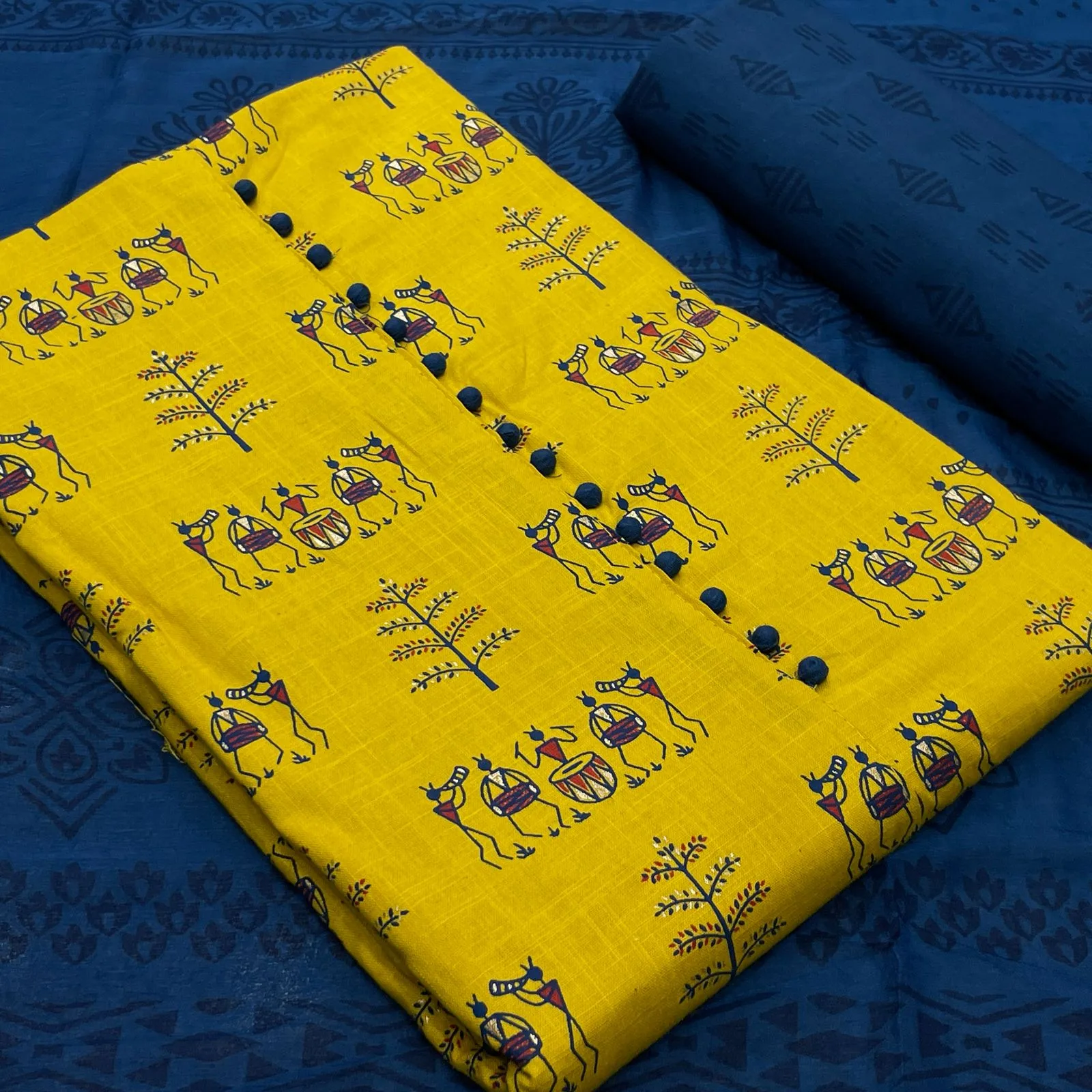 Cotton Printed Neck Patch Work Suit Set - Yellow