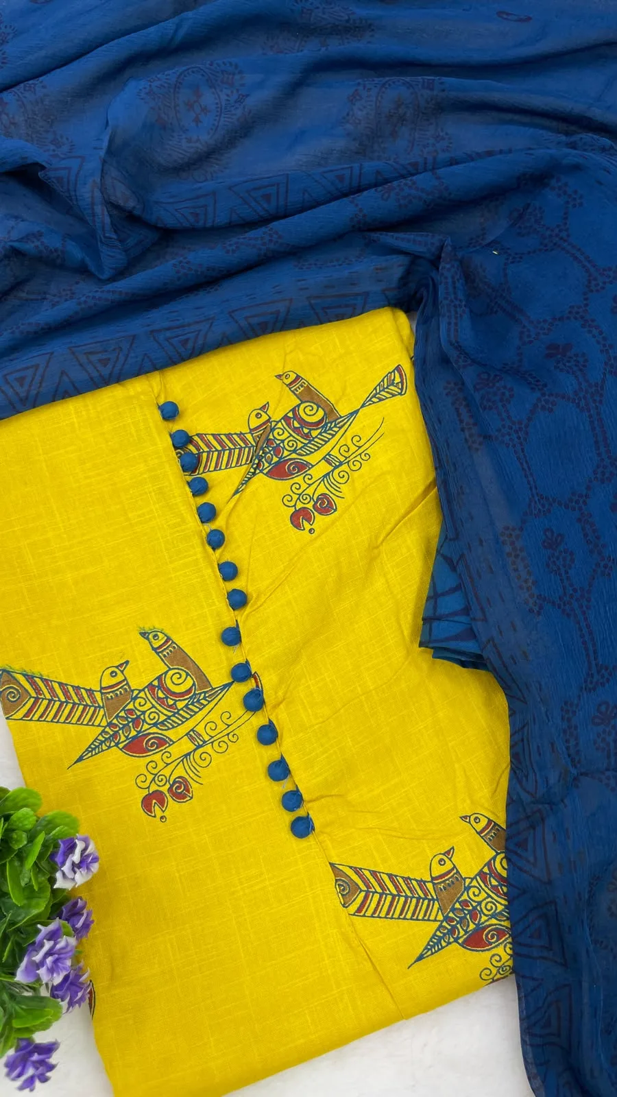 Cotton Printed Neck Patch Work Suit Set - Yellow