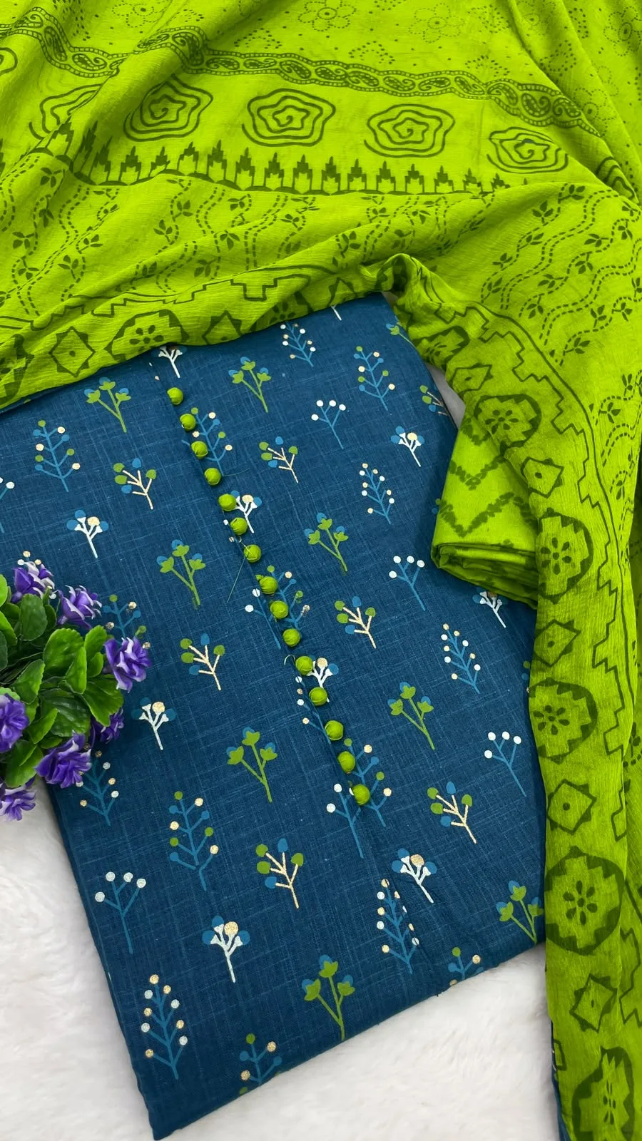 Cotton Printed Neck Patch Work Suit Set - Blue