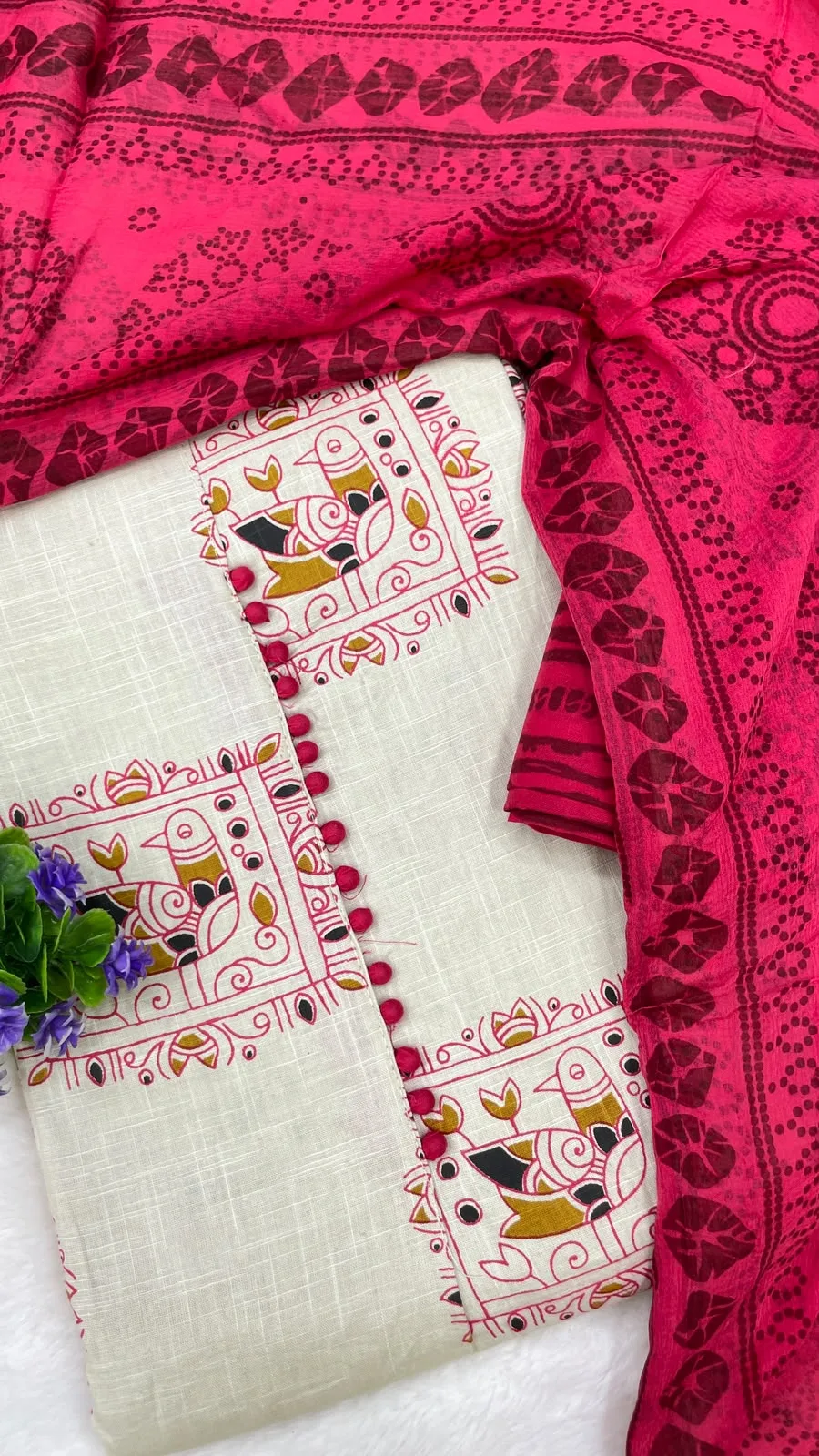 Cotton Printed Neck Patch Work Suit Set - Off White Pink