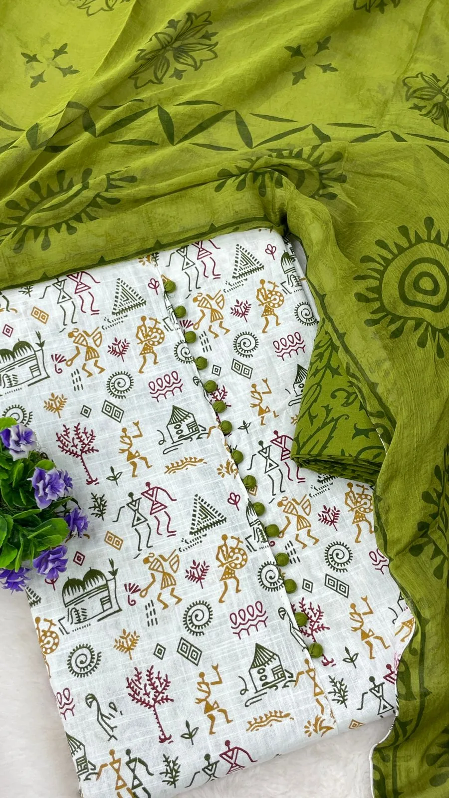 Cotton Printed Neck Patch Work Suit Set - Off White Green