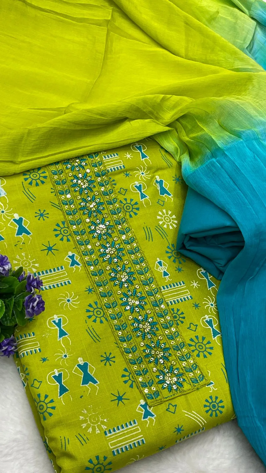 Cotton Printed Neck Patch Work Suit Set - Light Green